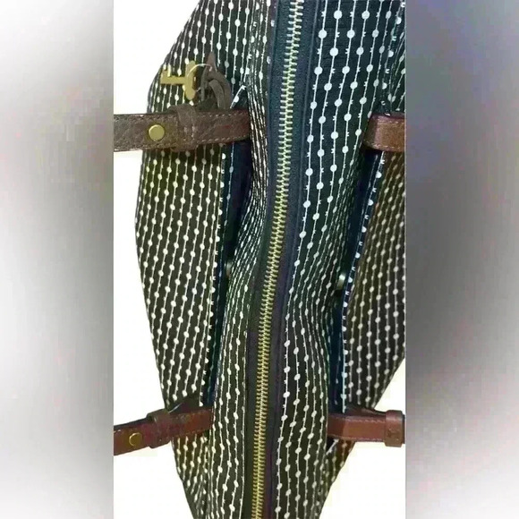 A black & brown Fossil Rachel top zipper closure tote bag. - Picture 4 of 12